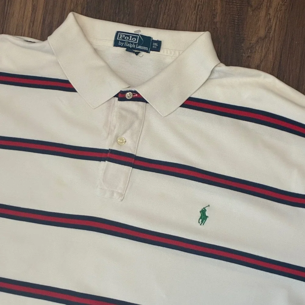 VTG Polo Ralph Lauren Polo Shirt Mens 3XL Big White Striped Cotton Short Sleeve